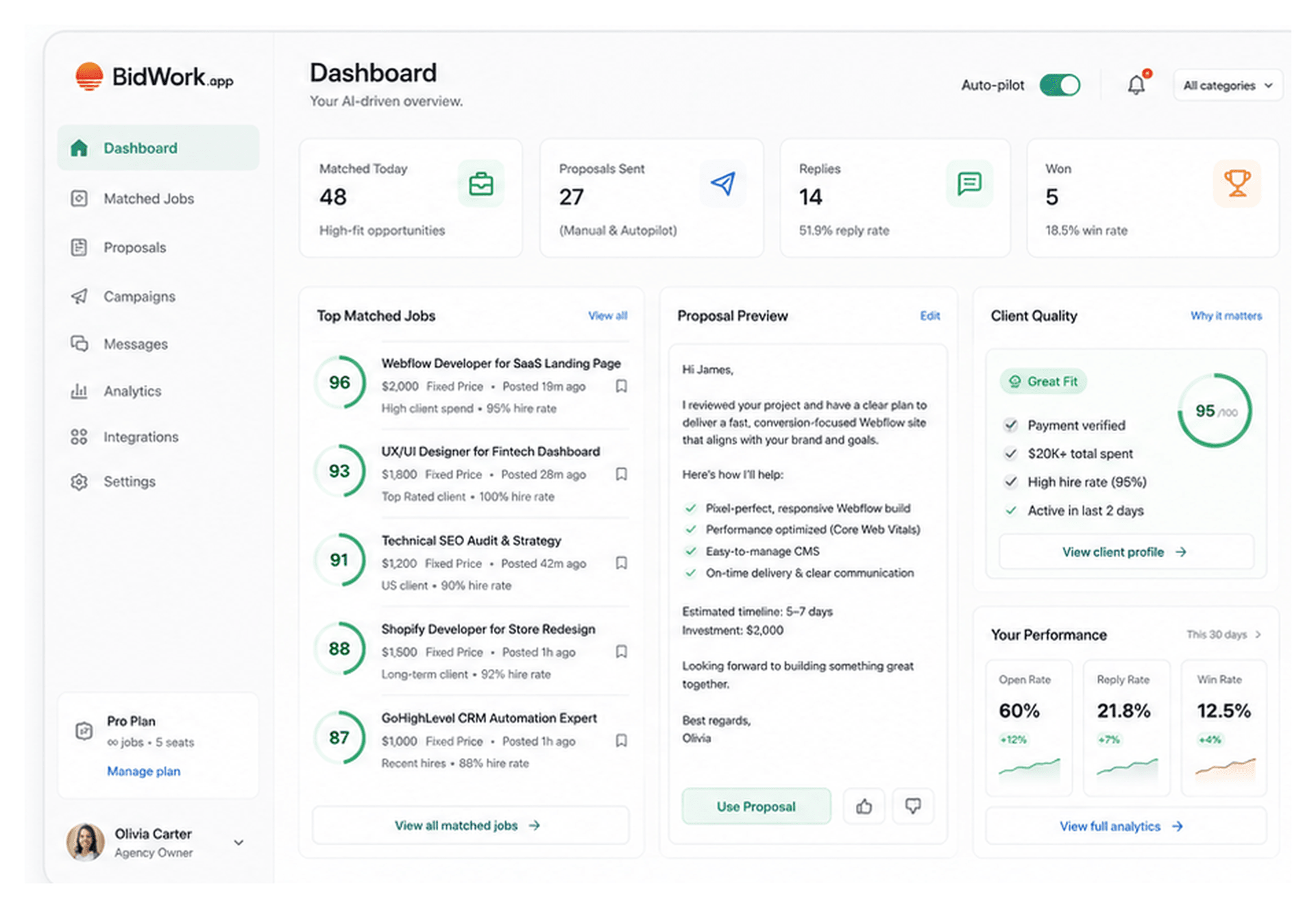 BidWork overview dashboard showing matched jobs, proposal preview, client quality, and performance metrics.
