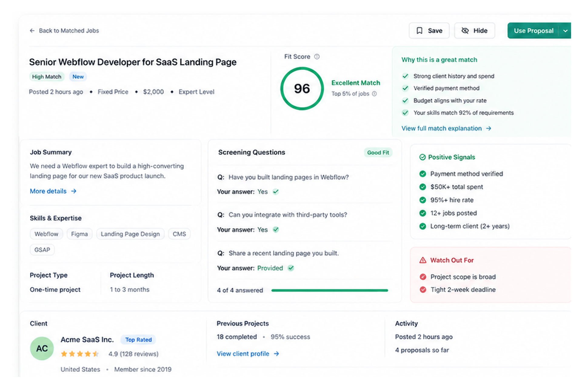 BidWork smart matching dashboard showing a 96 fit score, screening answers, positive client signals, and risk warnings.