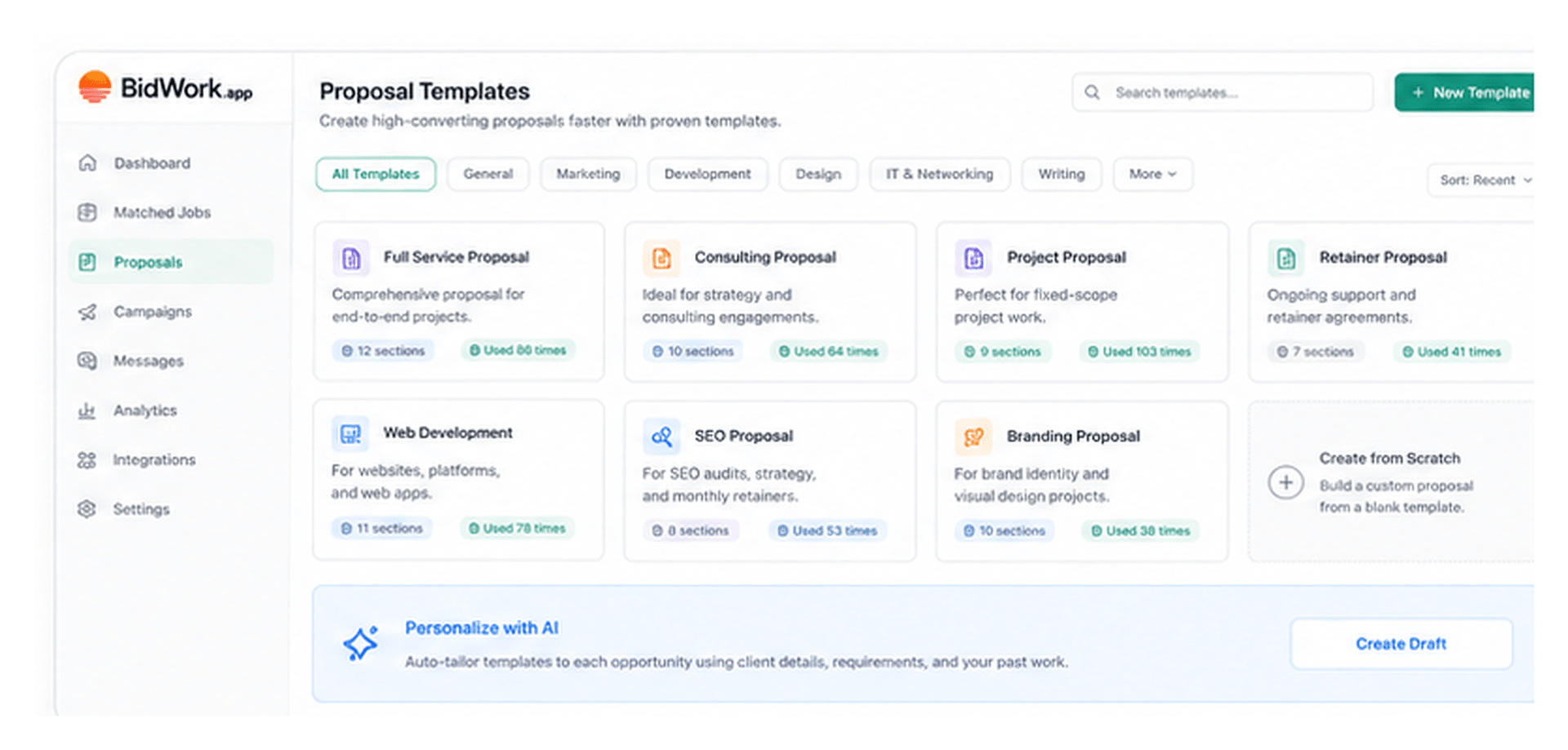BidWork proposal templates dashboard showing reusable proposal categories and AI personalization.