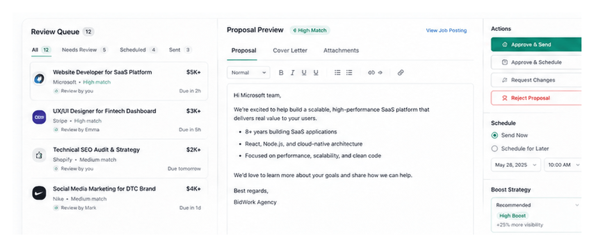 BidWork bid-control dashboard showing the review queue, proposal editor, approval actions, scheduling, and boost strategy.