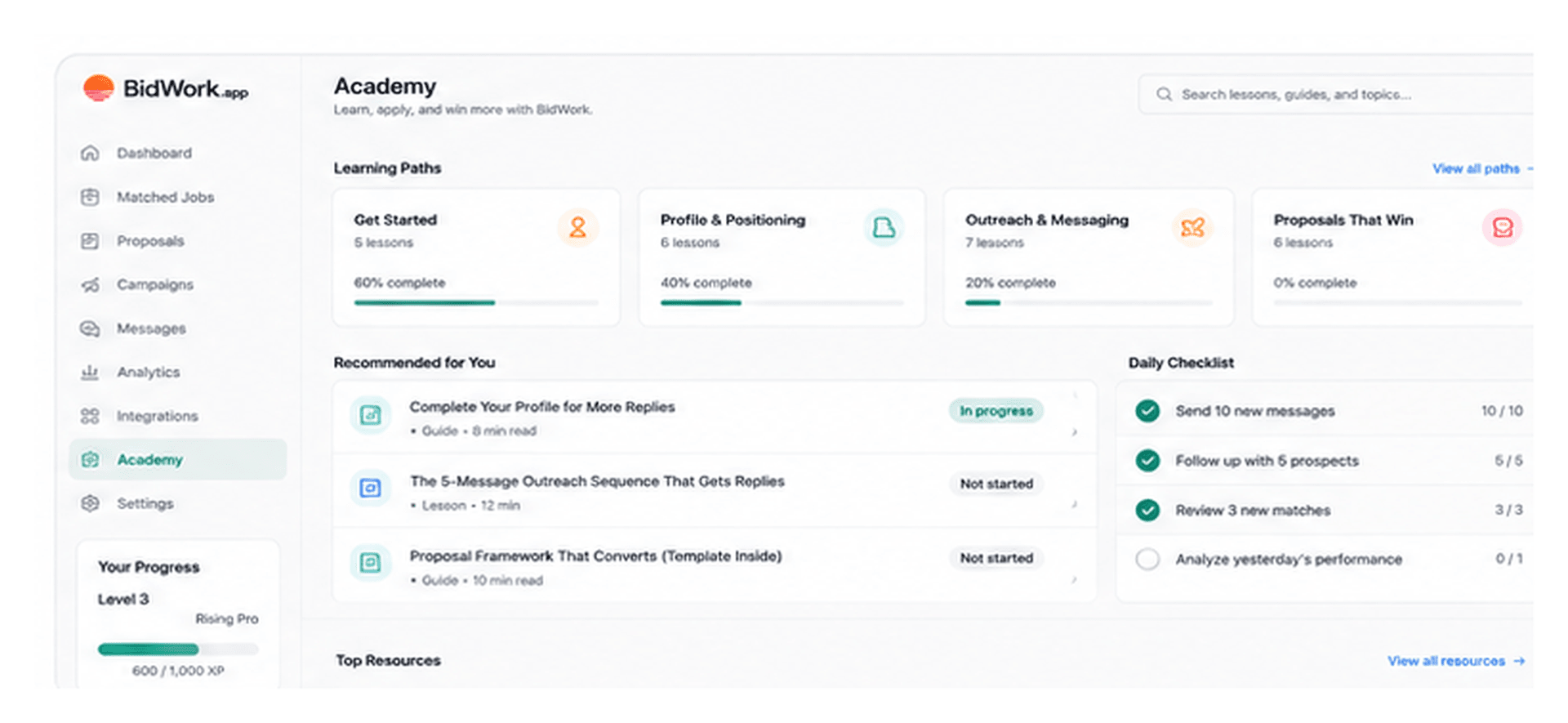 BidWork Academy dashboard showing learning paths, recommended lessons, daily checklist, and progress.